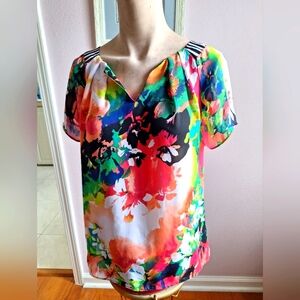 JCPenney Worthington Floral Print Black White Stripe Henley Neck Blouse Petite L